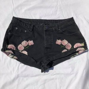 Rose Embroidered Black Cut-off Jean Shorts
